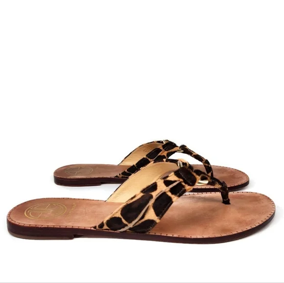 Lilly Pulitzer McKim Leopard Print Calf-Hair Leather Gold Ring Thong Sandals - Picture 5 of 12